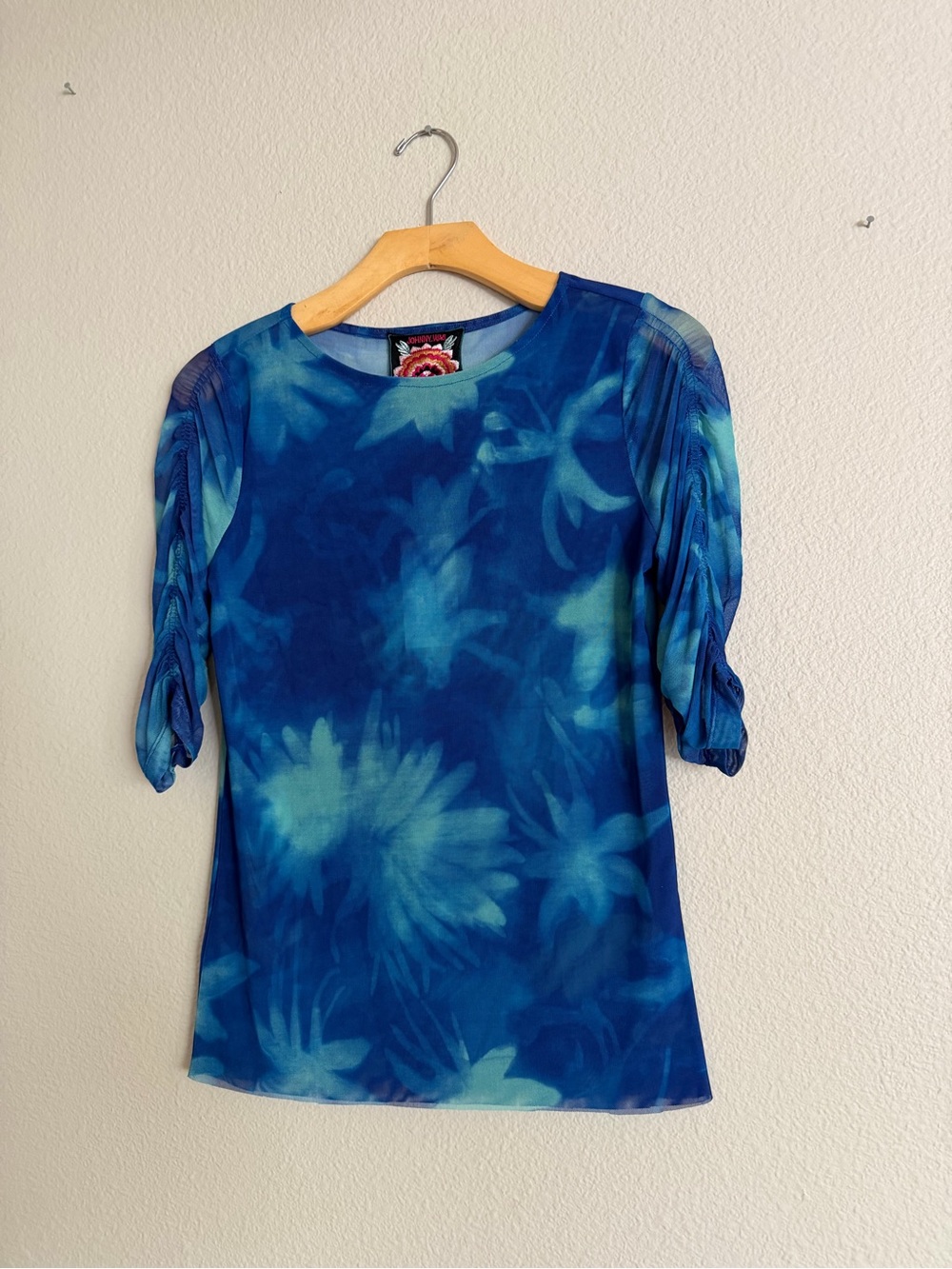 Johnny Was Water Garden Ruched Mesh Sleeve Top Blue Size Small NWT